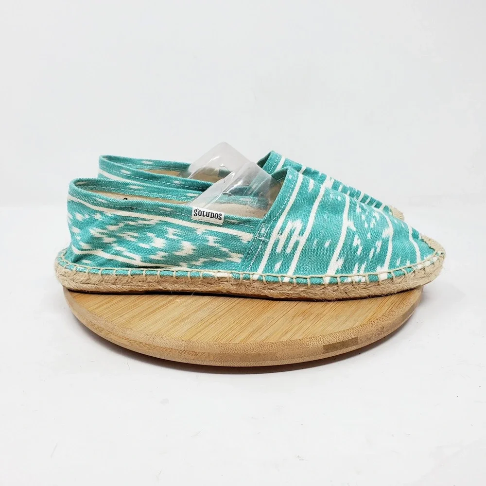 Soludos Espadrilles Womens 8.5 Blue Green Canvas Shoes Southwest Print Turquoise